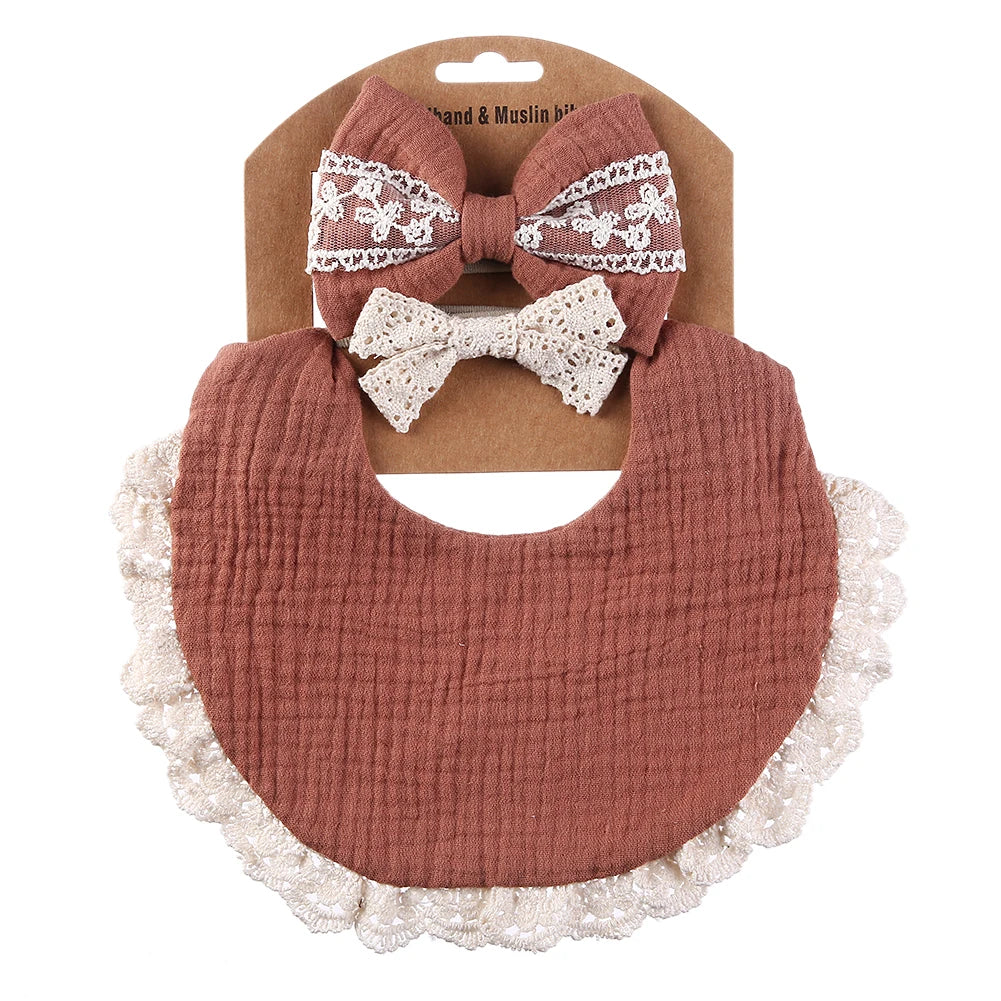 3Pcs/Set Bib and hairband, Muslin & Bamboo