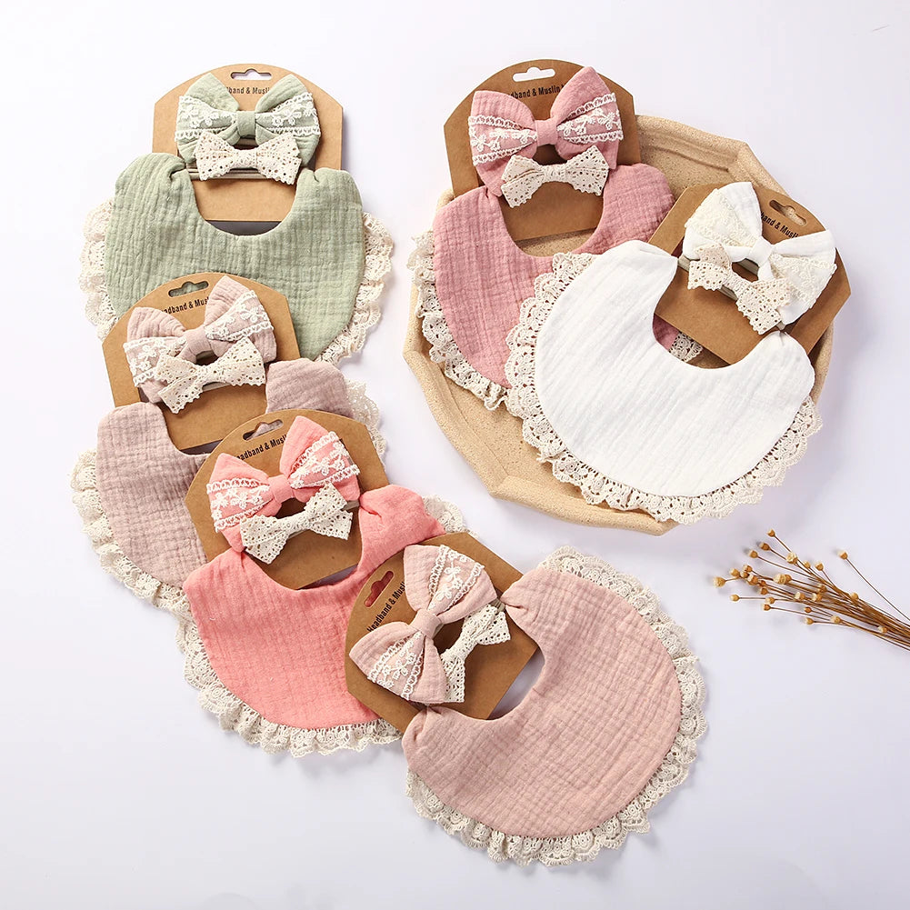 3Pcs/Set Bib and hairband, Muslin & Bamboo