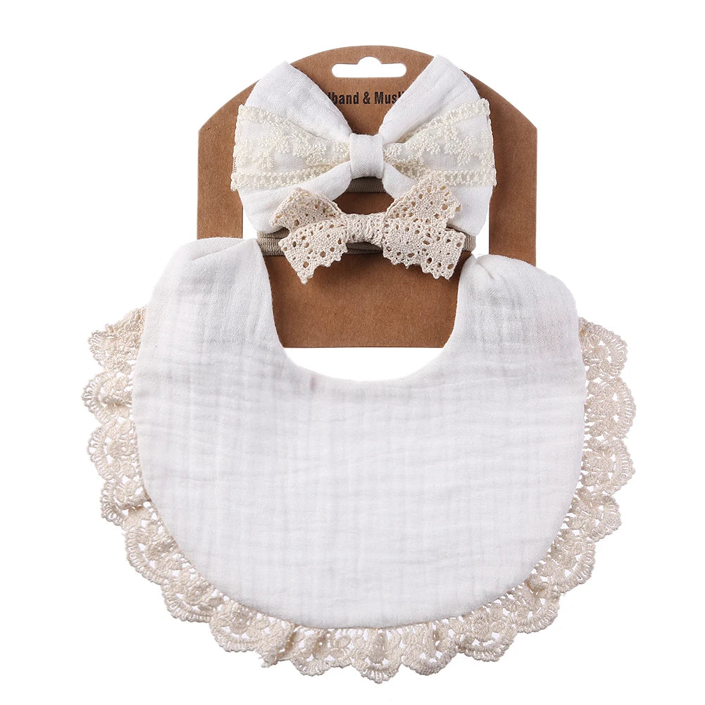 3Pcs/Set Bib and hairband, Muslin & Bamboo